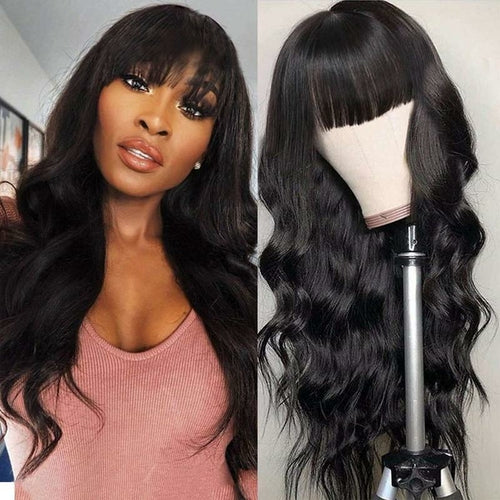 Long Black Body Wave Wigs With Full Bangs Virgin Brazilian None Lace