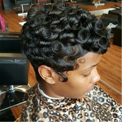 100% Human Hair Wig Short Curly Black Pixie Cut Hair Wigs For Women